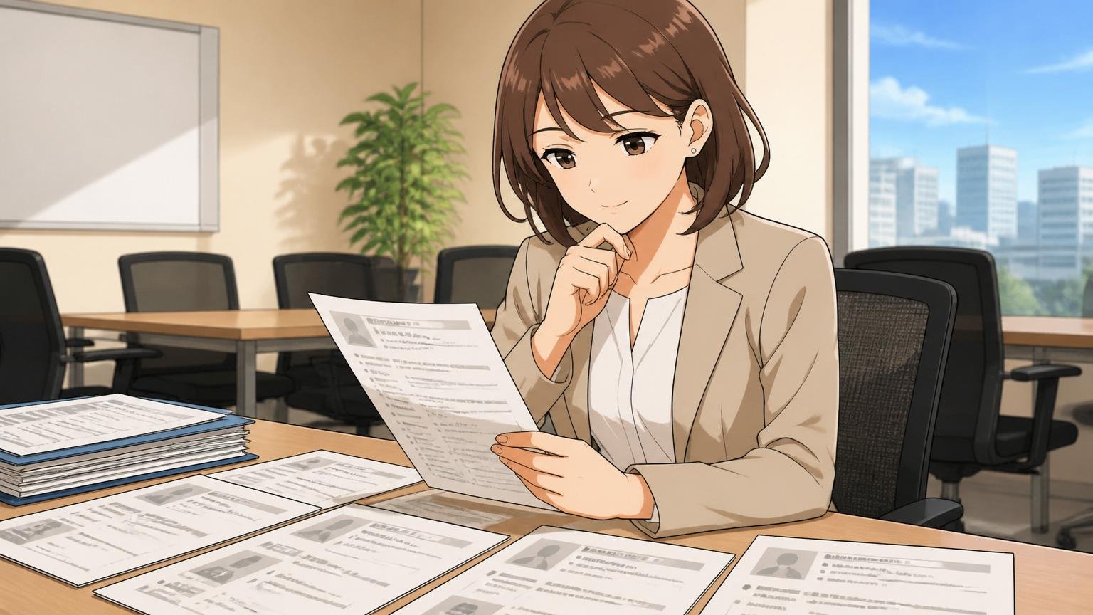 企業の会議室で複数の求人票を見比べる30代女性、落ち着いた表情で選択する一人のシーン