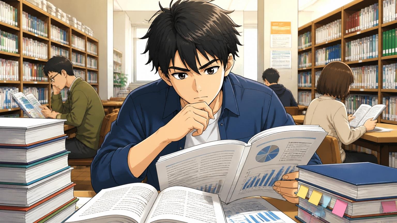 企業研究・業界理解が浅い、図書館で業界研究をするエンジニア、男性1人が資料を読み込む