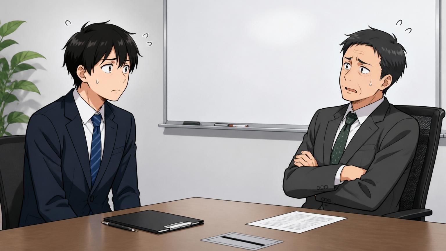 会話のテンポが噛み合わず気まずい空気の面接、企業の会議室で面接、2人、ぎこちない表情