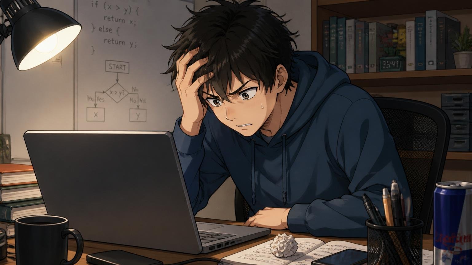 自宅の暗めのデスクで一人悩みながらノートPCに向かう若手エンジニア、頭を抱えて考え込む表情