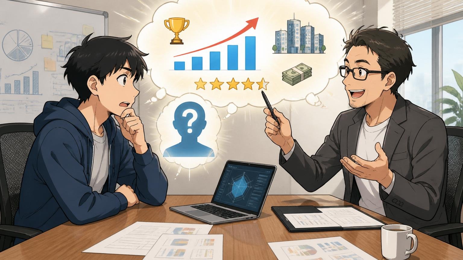 自分の市場価値を客観的に知ることが先、企業の会議室でキャリア面談を受けるエンジニア1人とアドバイザー1人
