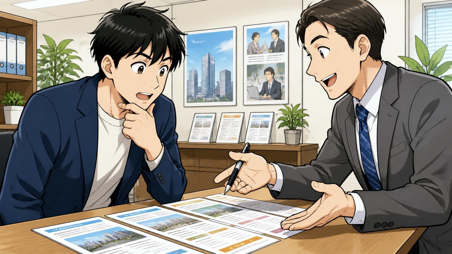 複数の選択肢を検討する場面｜転職エージェントのオフィスで担当者と向き合い、複数の求人を前に相談する30代の転職者1人とアドバイザー1人