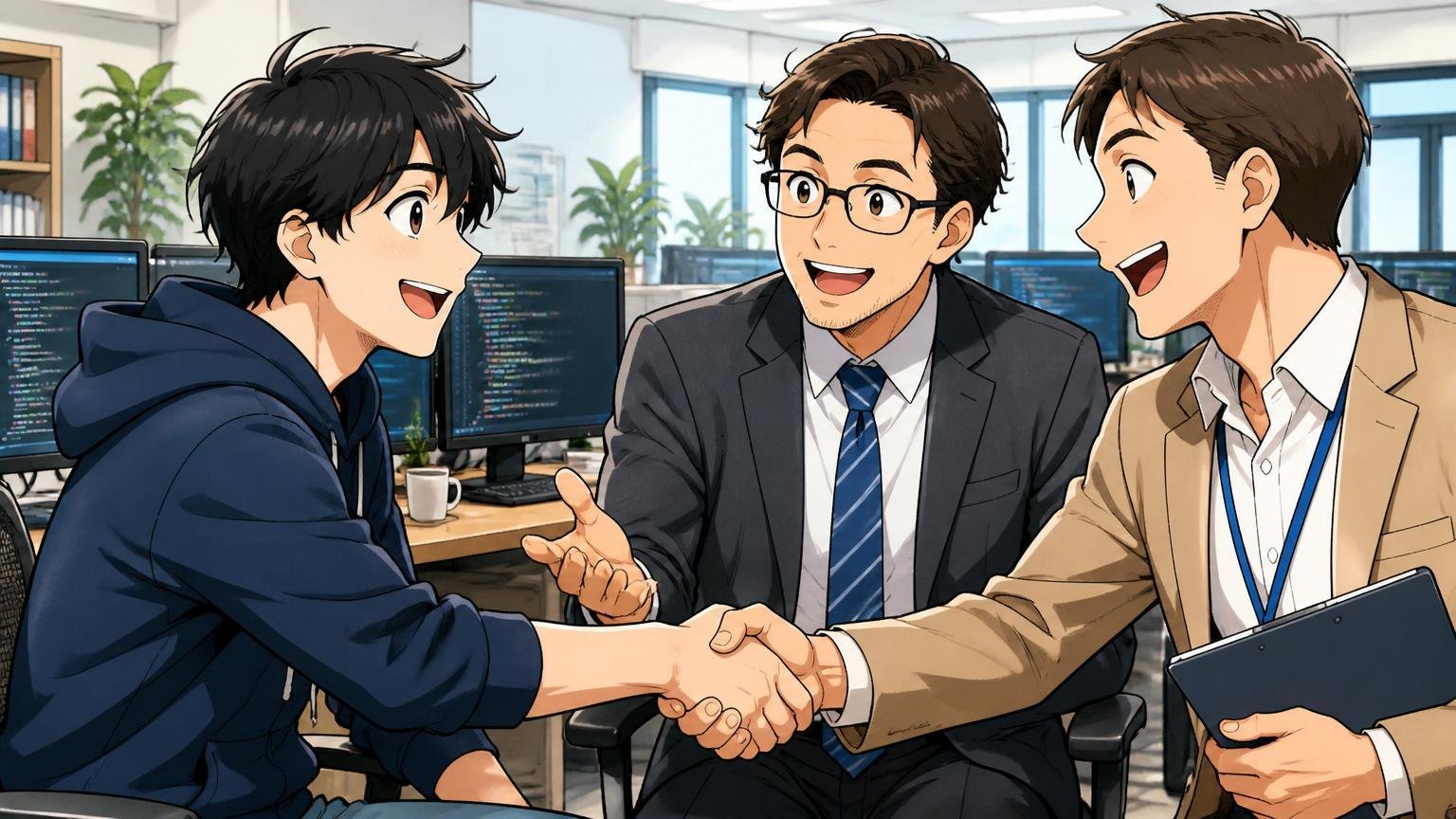 おすすめIT特化型エージェント3選。オフィスで握手するエンジニアとアドバイザー2人、笑顔