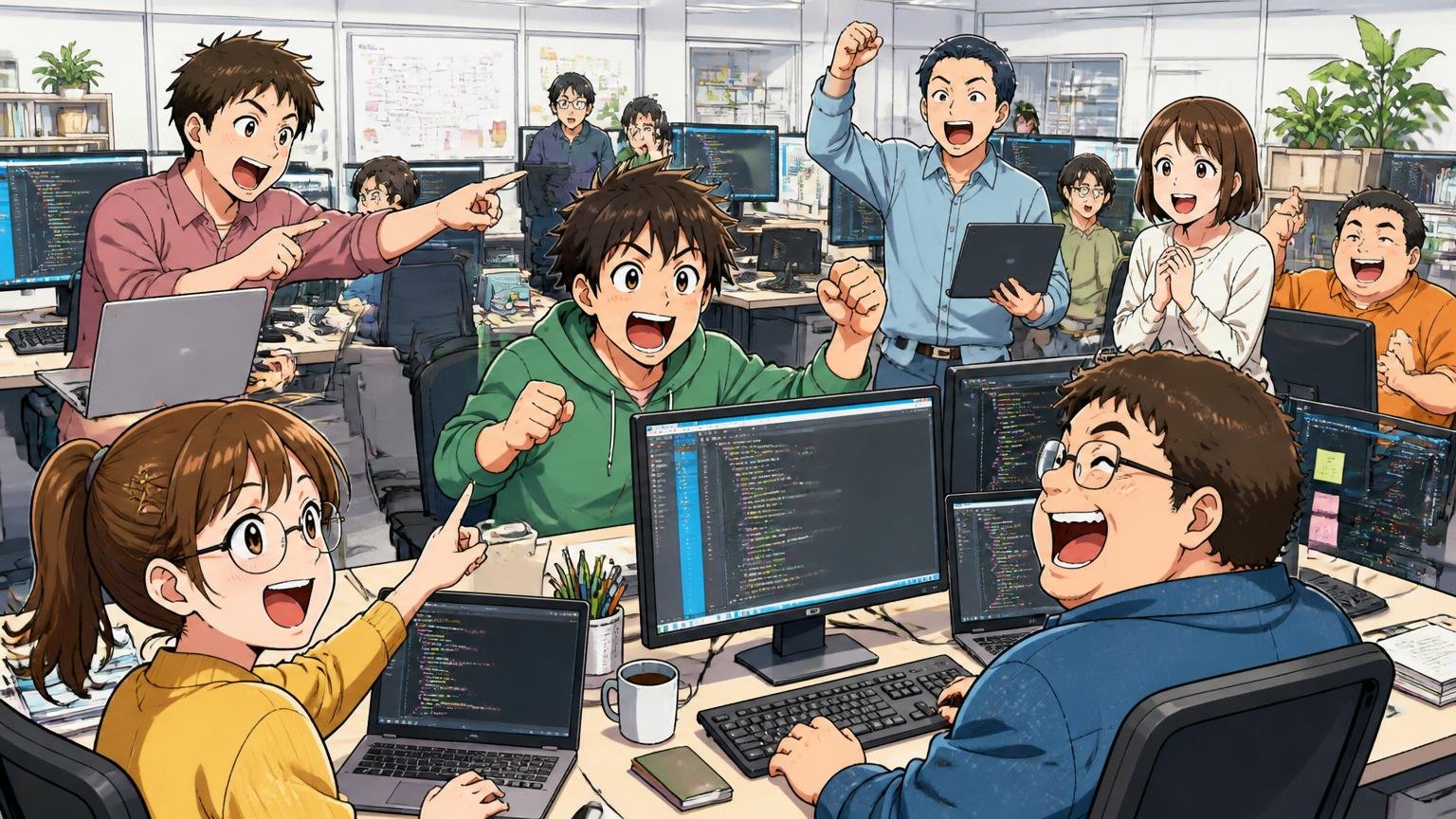 エンジニアを求める企業の多さを、Web系オフィスで複数のエンジニアが活気ある表情で働く場面