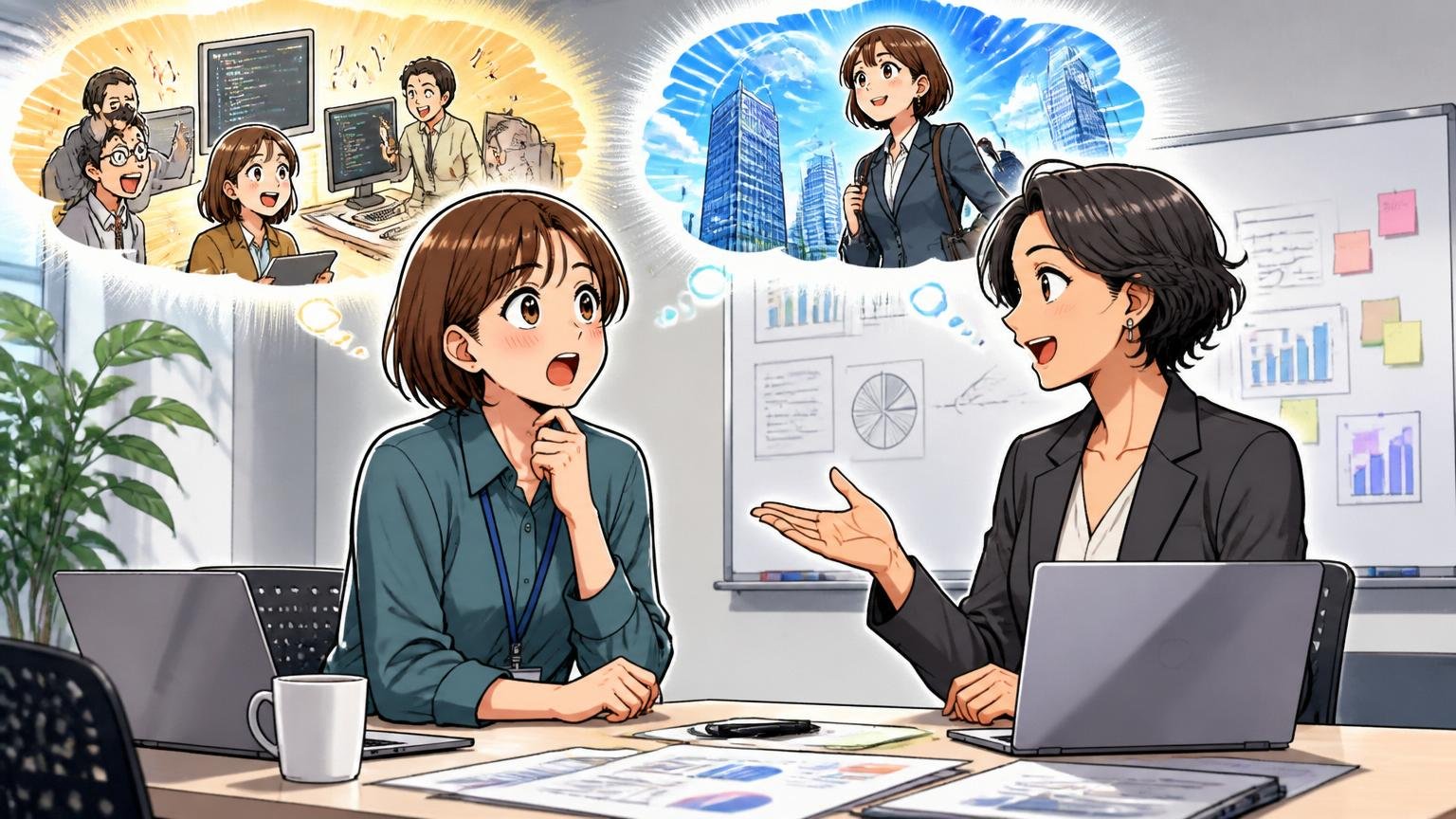 市場価値を知ることがどちらの判断にも効く 企業の会議室でキャリアの選択肢を相談する女性エンジニアとアドバイザー