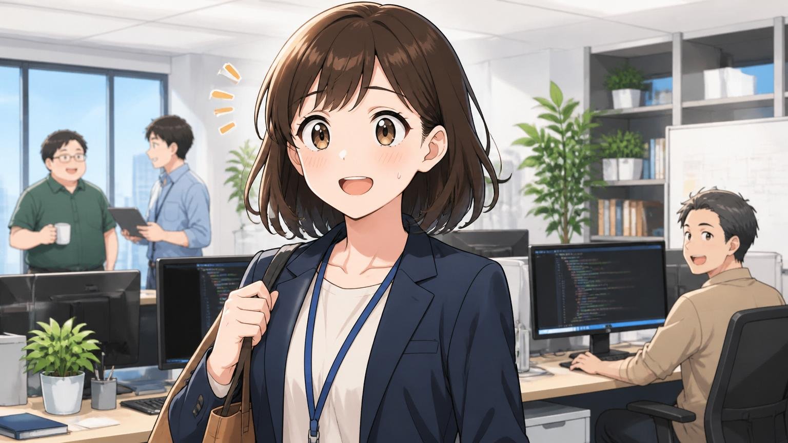 未経験から転職成功。自社開発のオフィスで初出社し緊張と喜びが混じる20代女性1人