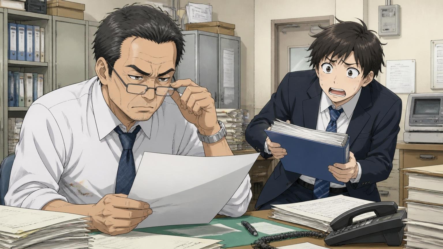 古い社風という声を検証する。少し古びたオフィスで書類仕事をする40代男性と若手社員