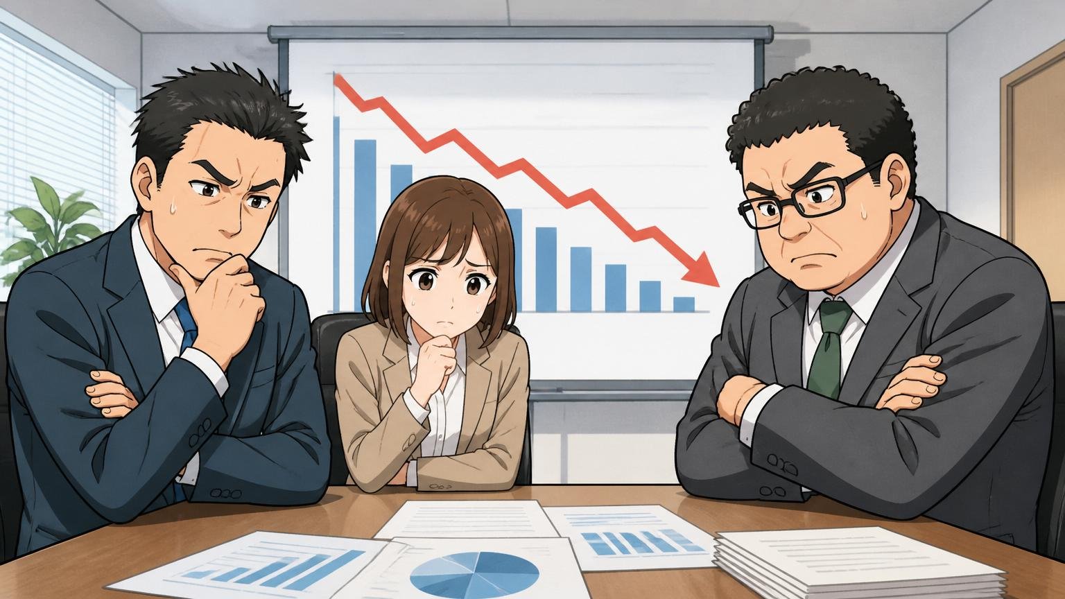 事業の将来性への不安、企業の会議室で右肩下がりの業績グラフ資料を見て眉をひそめ腕組みする社員3人