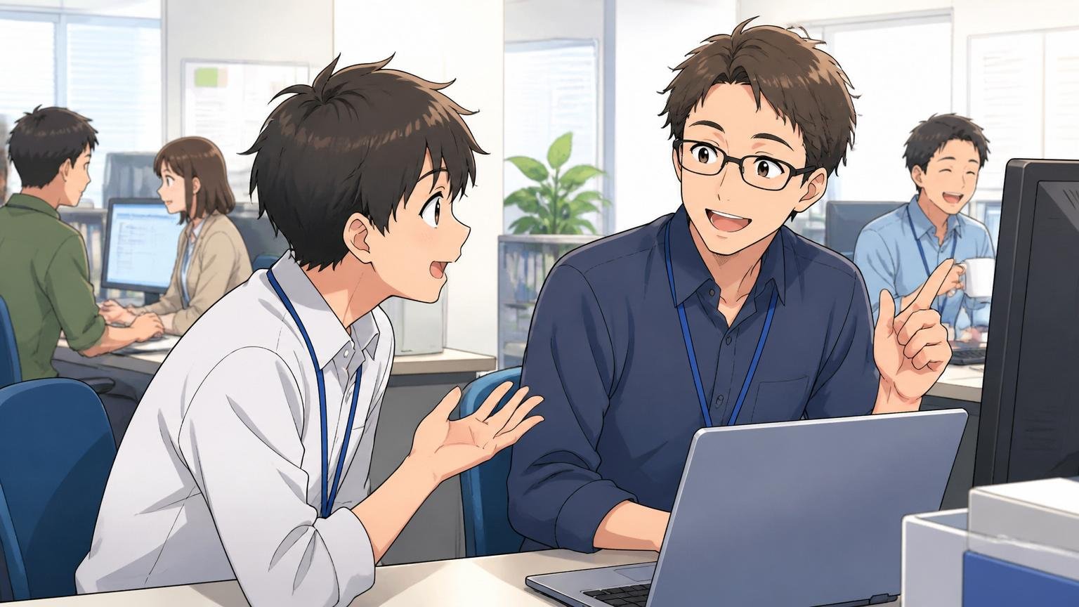 法令順守意識が高く穏やかな人間関係。SIerのオフィスで先輩に気軽に質問する新人と笑顔で答える先輩エンジニア2人