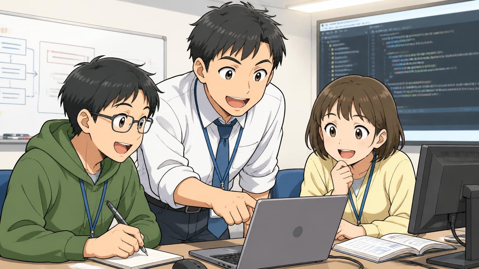 それでも評価されている点。SIerの研修ルームで先輩が若手に技術を教え笑顔で学ぶ社員3人