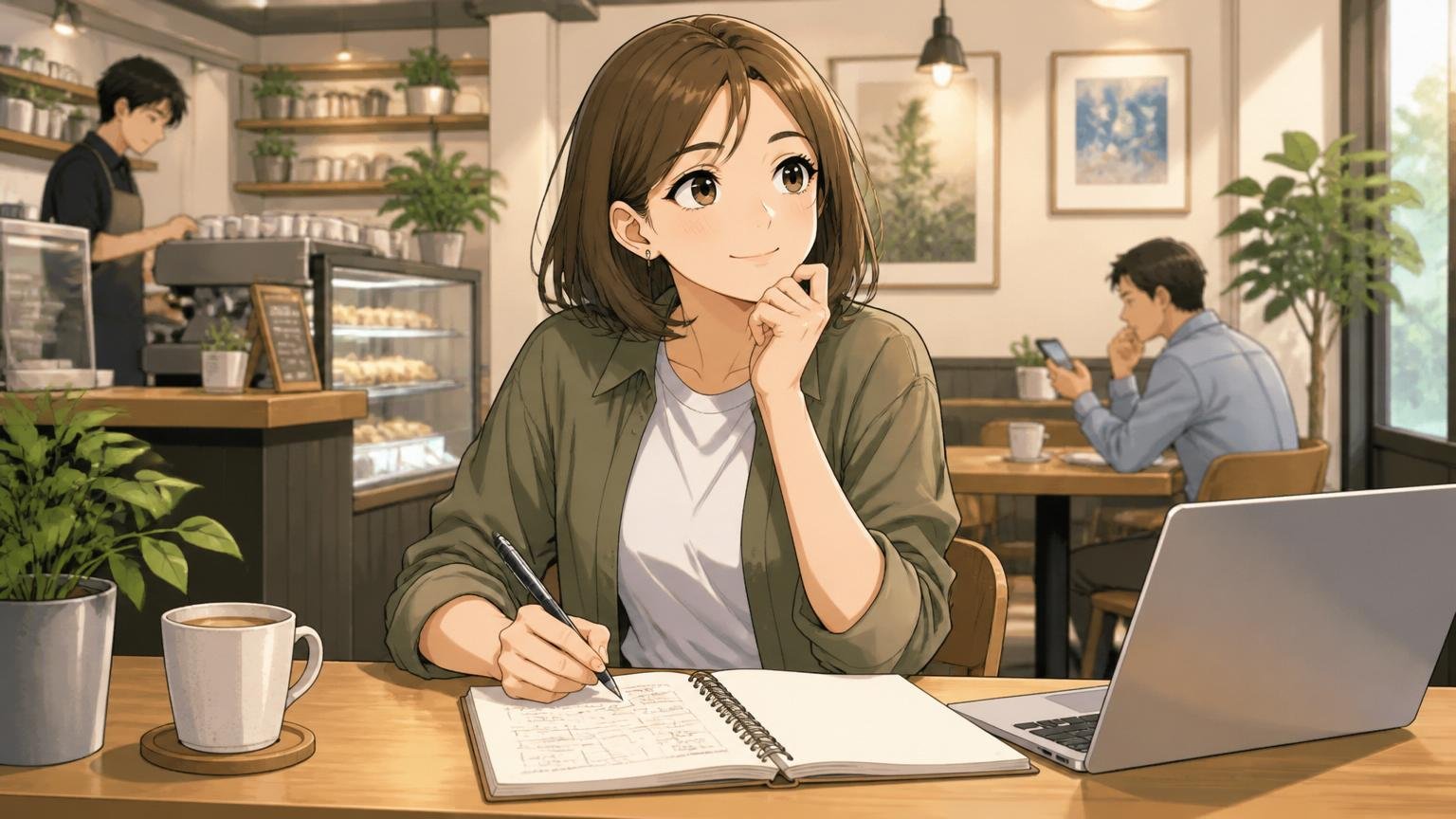 次の一歩を考え始める場面。カフェでノートに自分のキャリアプランを書き出す30代女性エンジニア1人の前向きな表情