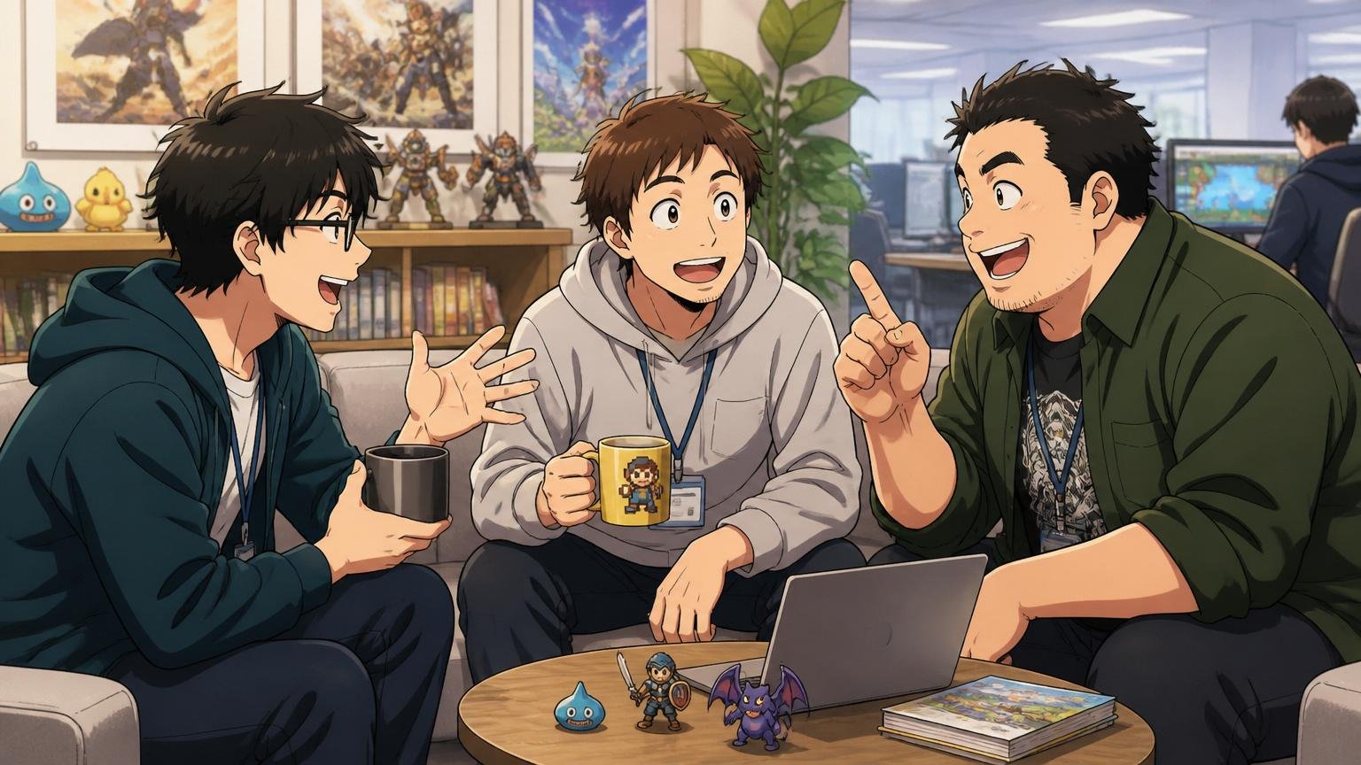 社風と人間関係。中堅ゲーム会社のラウンジで談笑するエンジニア3人
