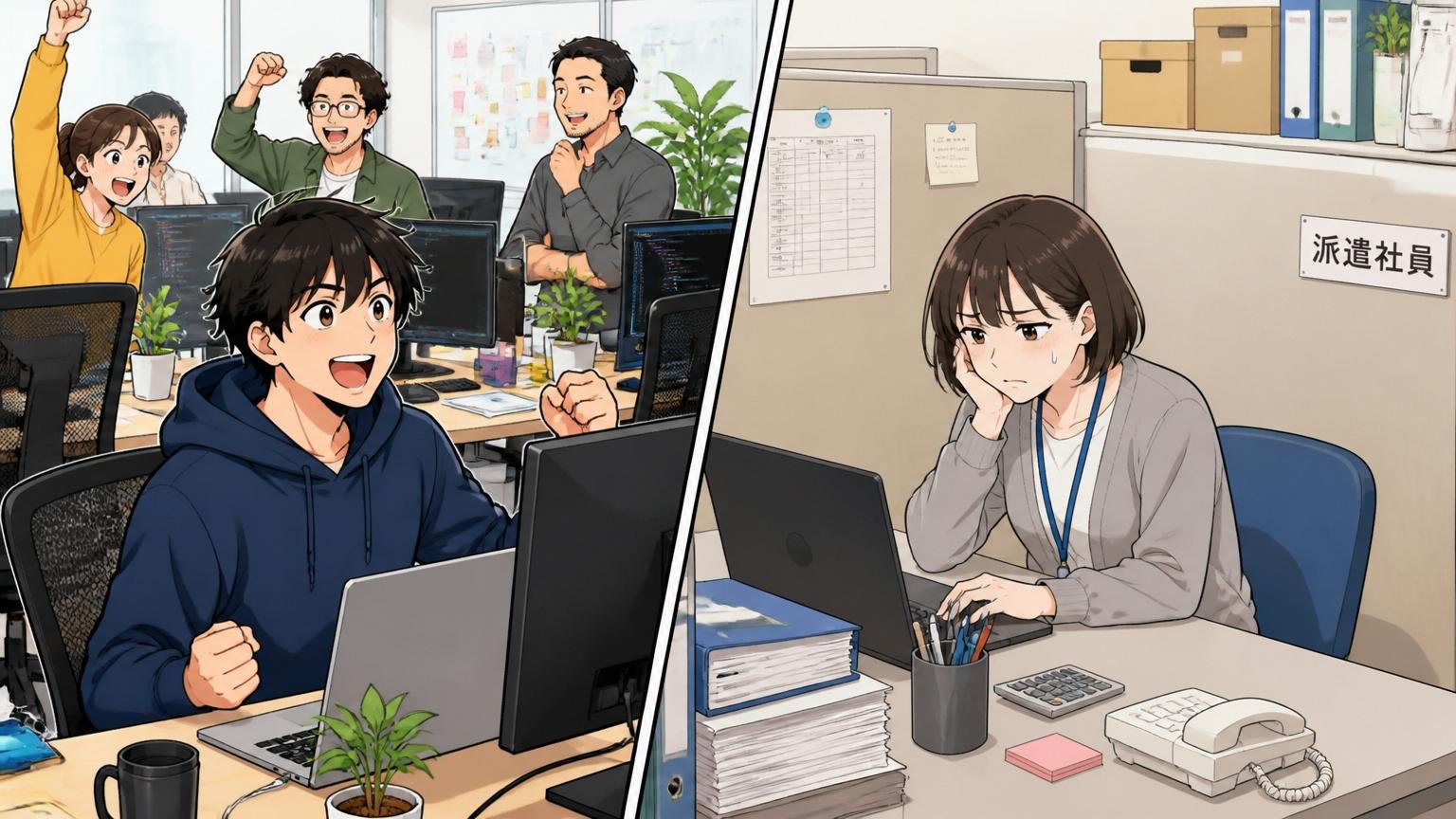 Web系スタートアップのオフィスで正社員と派遣社員がそれぞれ別の場所で働く対比的な光景