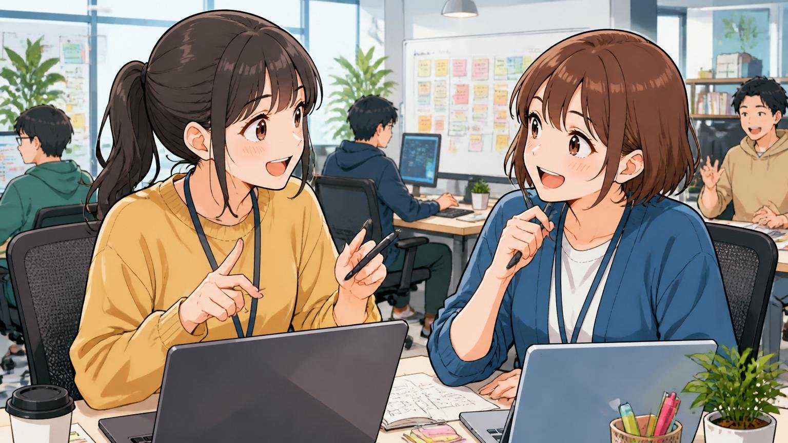 20代成長環境のスコアが平均以上、Web系スタートアップのオフィスでメンターと意見交換する20代女性エンジニア2人、生き生きとした表情