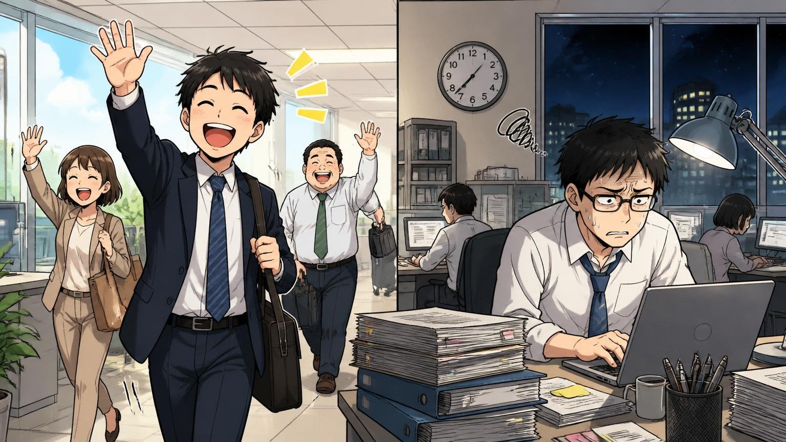 オフィスで定時退社する社員と残業する社員が同じフロアに同居しているコントラストのある場面