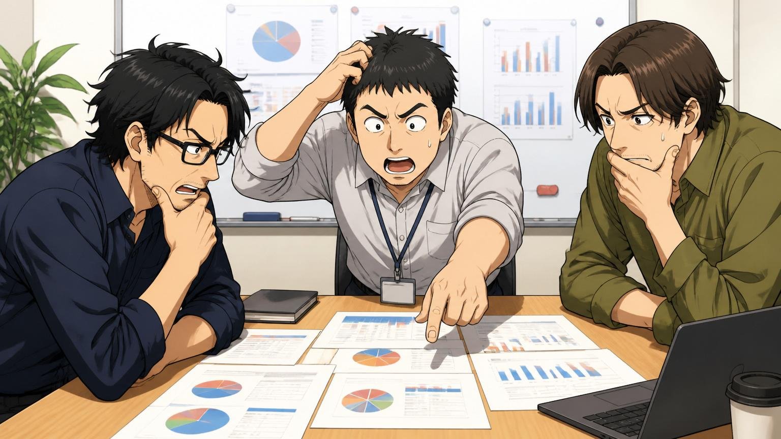 企業のミーティングルームで退職理由のレポートを並べて検討する30代から40代のエンジニア3人