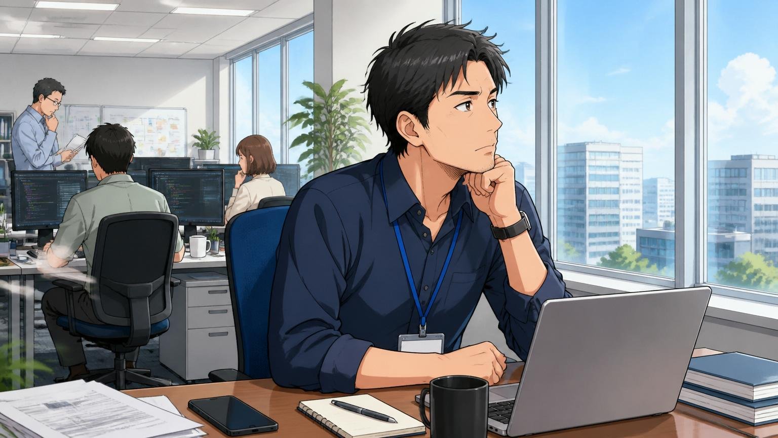 SIerのオフィスで窓の外を見ながら今後のキャリアに思いを巡らせる30代後半の中堅エンジニア1名