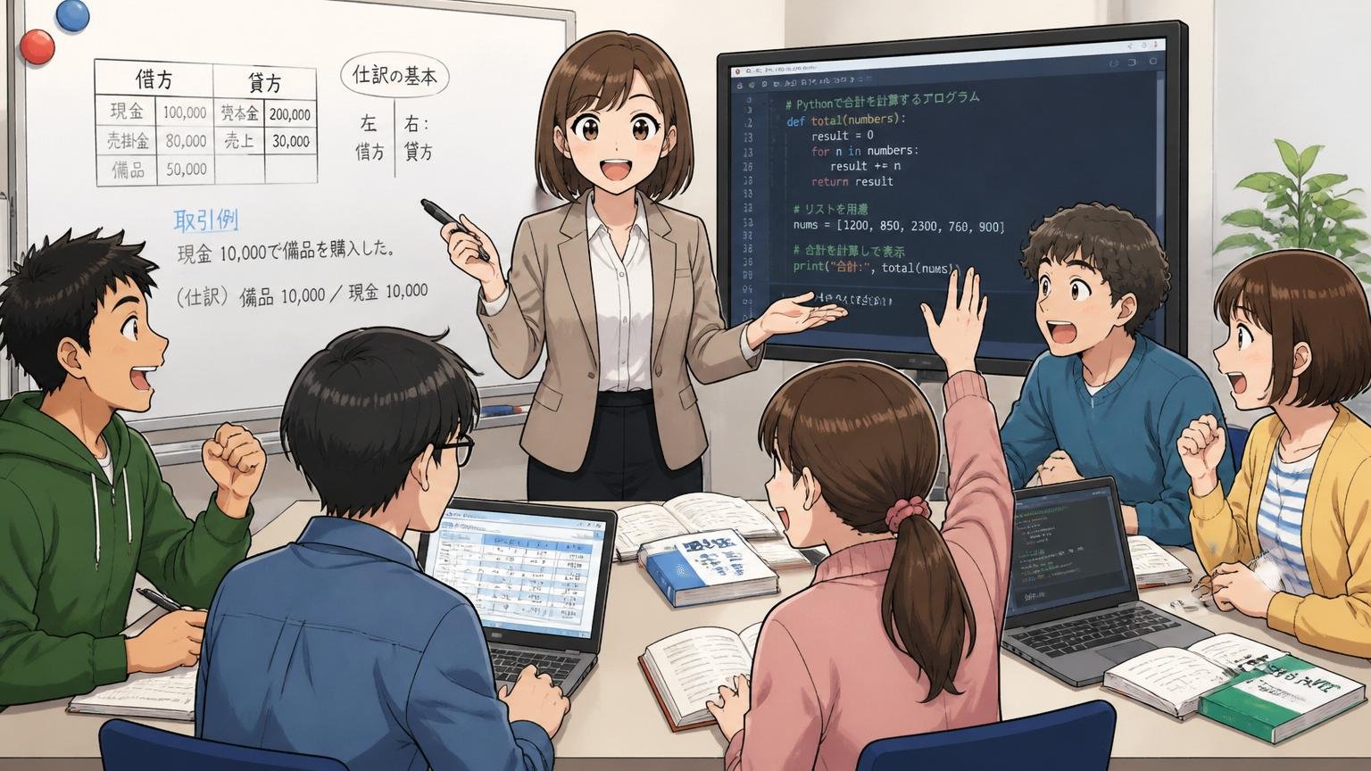 福利厚生・医療費補助・研修制度の手厚さのシーンで、企業の研修室で30代女性講師が20代の新入社員5人に簿記とプログラミングを丁寧に教えている