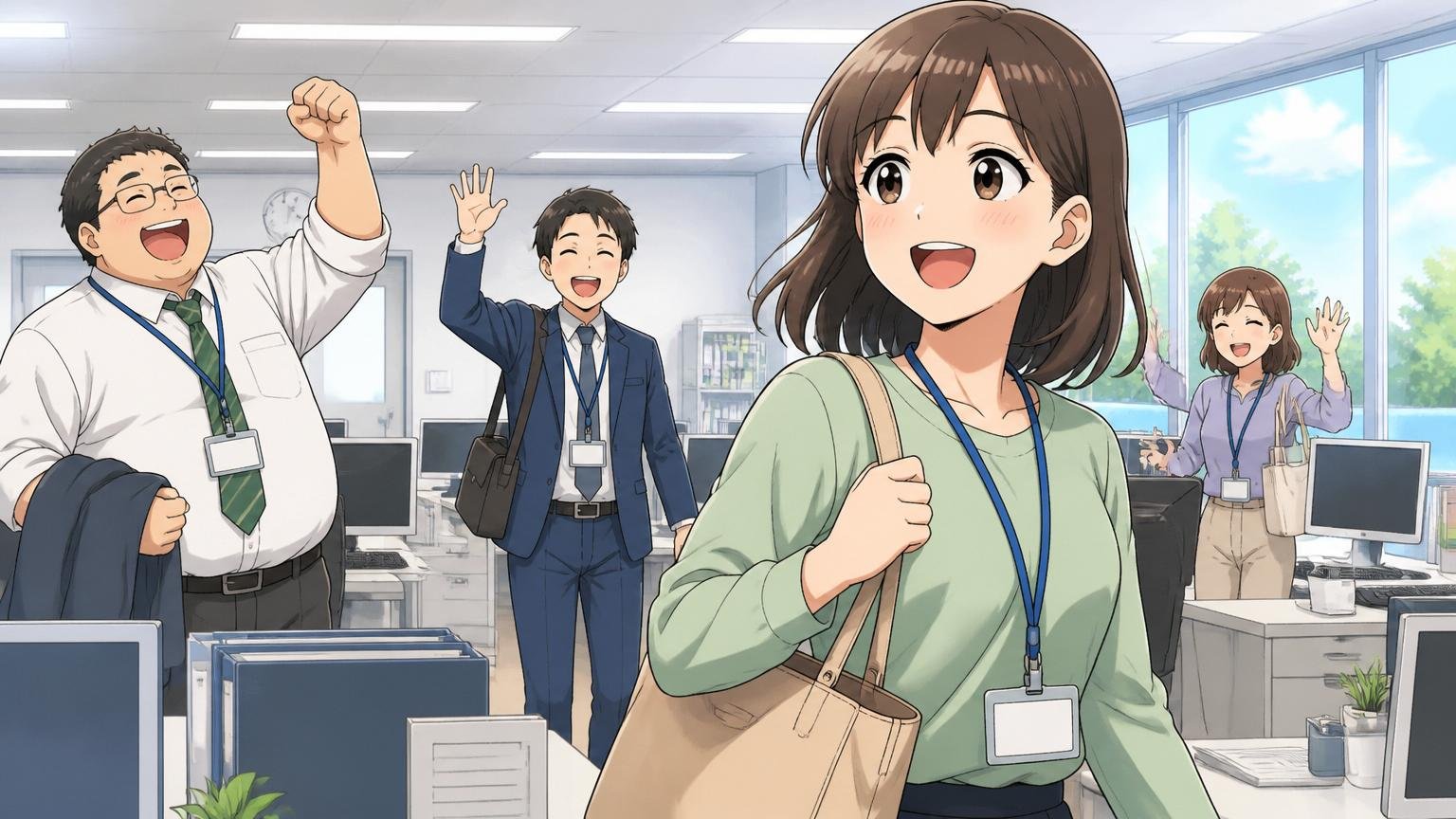 定時で退社する社員たちと残業せず帰宅する女性エンジニアのオフィスシーン