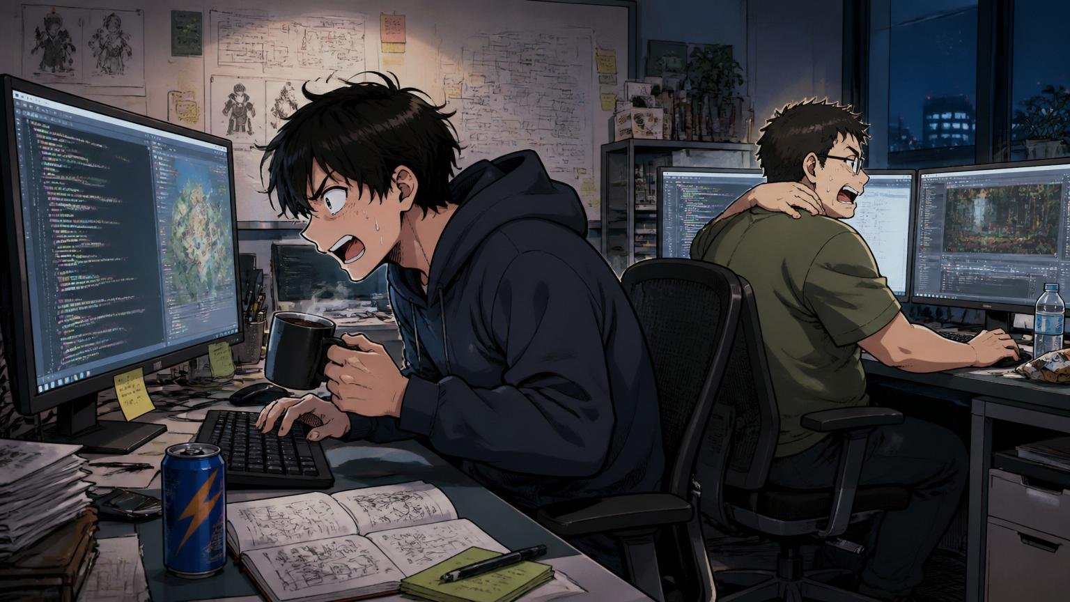 Web系ゲーム会社のオフィスで夜遅く2人のエンジニアが残業中、PCの明かりだけが点いている