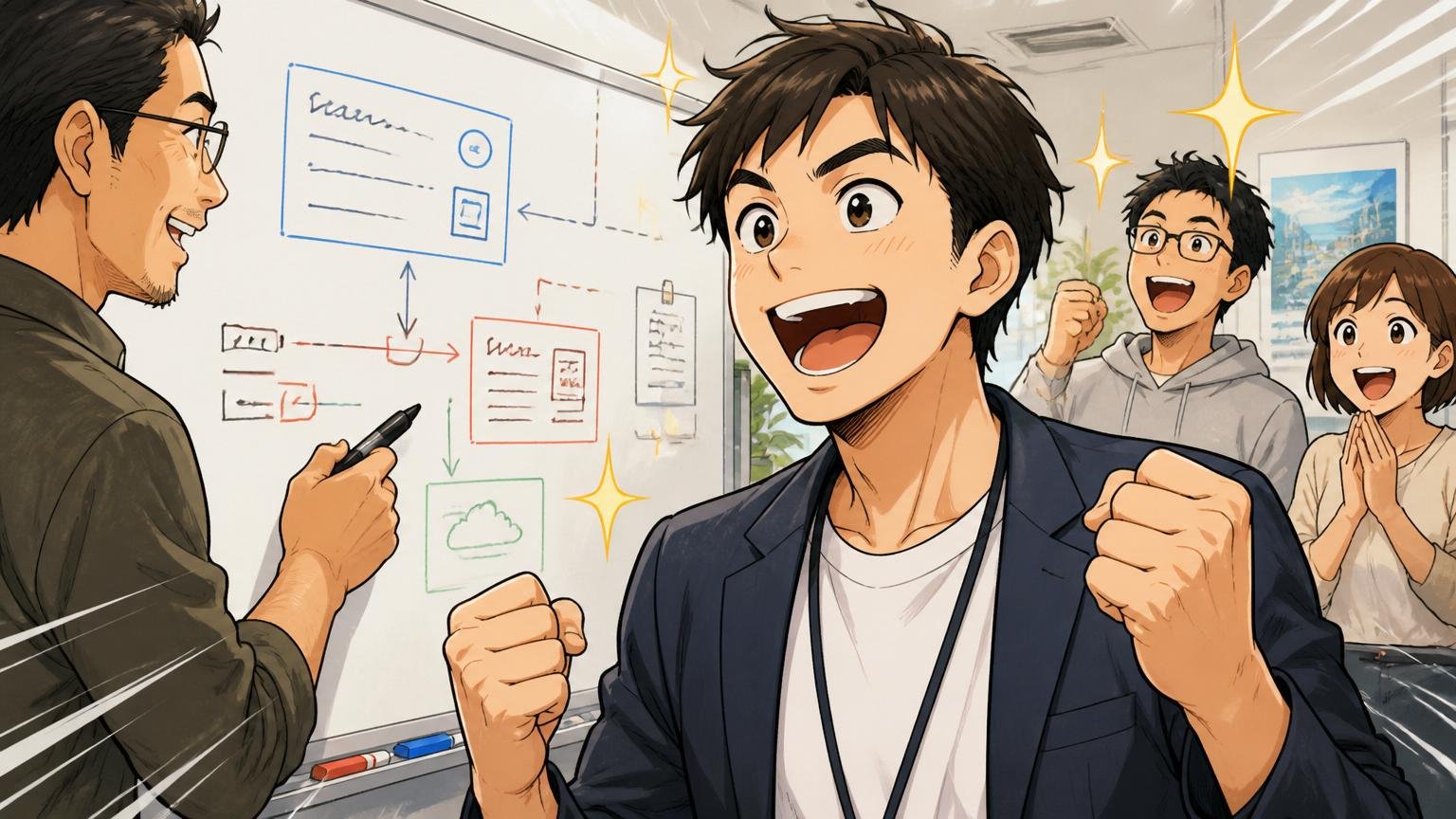 興味ある領域ならストレッチ案件が来る。札幌のITベンチャーでホワイトボードの前で新しい開発案件のアサインを受けて目を輝かせる中堅エンジニア