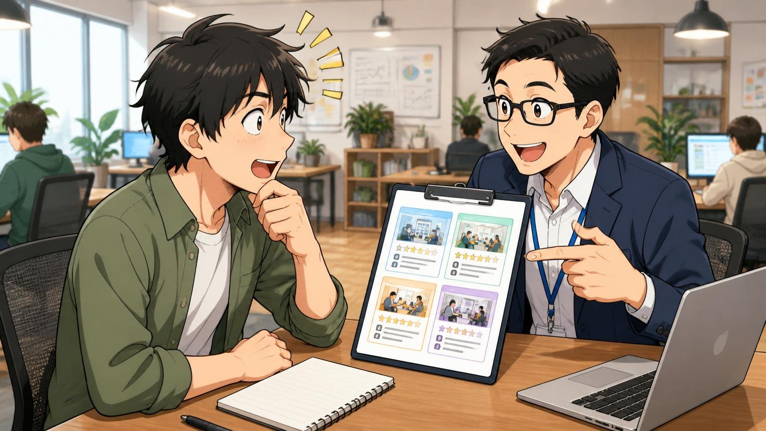 Web系スタートアップのオフィスで複数の求人を比較するエージェントと相談者の対面シーン
