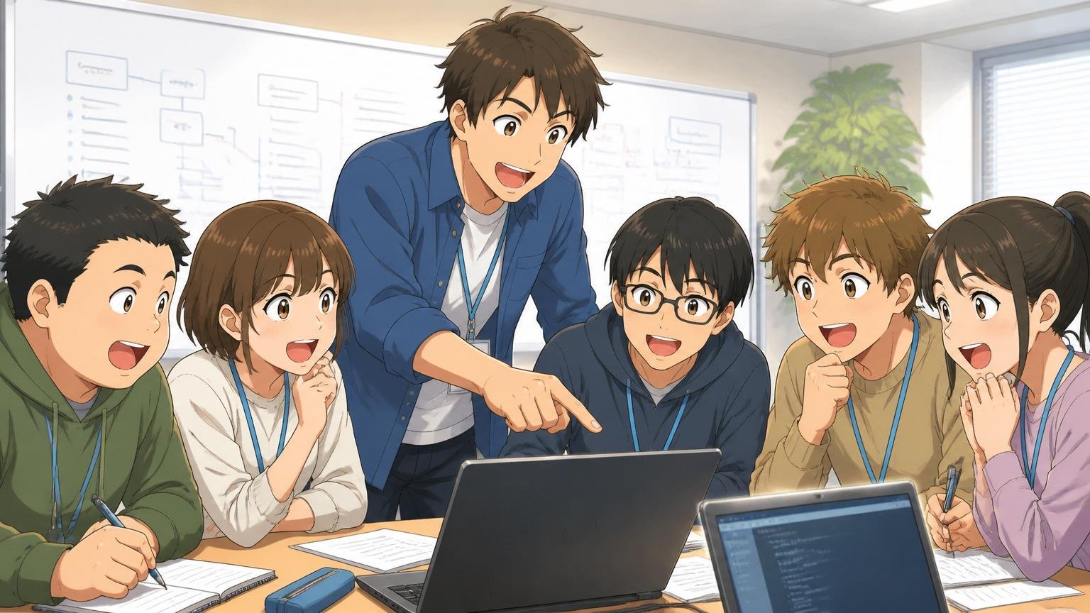 教育制度と入社時サポートへの評価、SIerの研修室で20代の新人エンジニア5人が先輩から熱心に指導を受ける