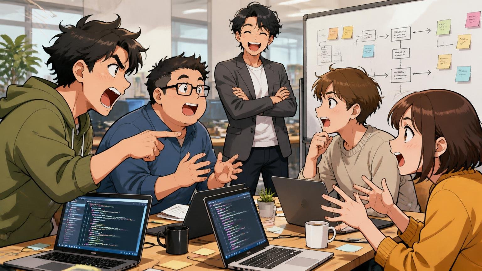 Web系SaaSスタートアップのオフィスで新フレームワーク導入の議論を熱心に行う複数のエンジニア4人と笑顔のリーダー1人