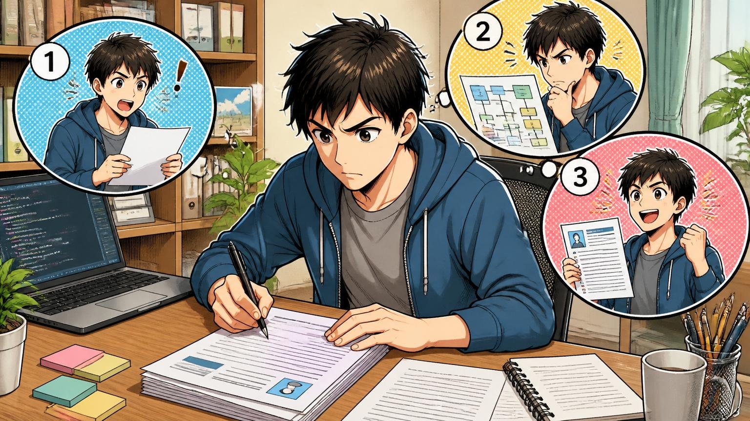 市場価値の棚卸し3ステップ。自宅のデスクで在宅勤務中のエンジニアが職務経歴書を真剣に書き出すシーン