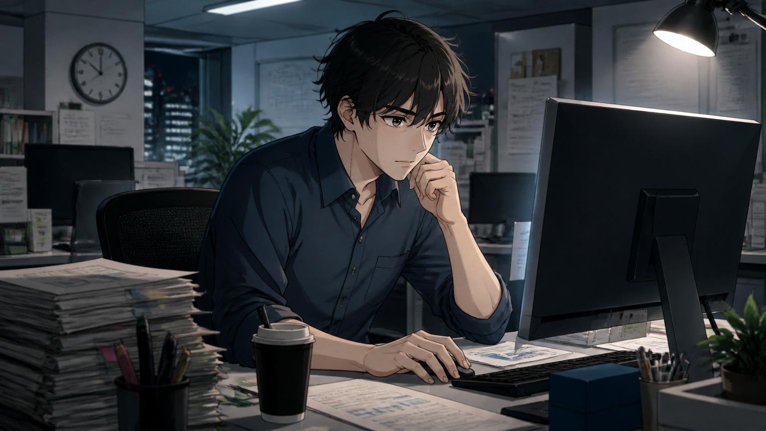 Web系広告会社のオフィスで深夜に1人だけ残業しモニターの光に照らされる20代後半男性1人