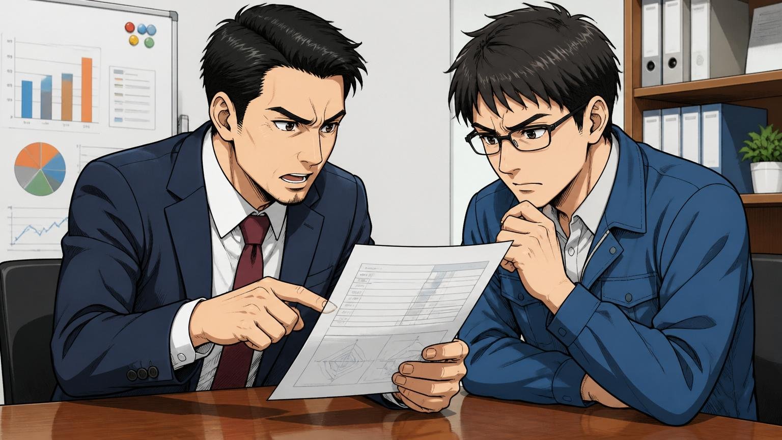 企業の会議室で30代男性管理職1人が評価シートを30代男性エンジニア1人と確認する真剣な表情
