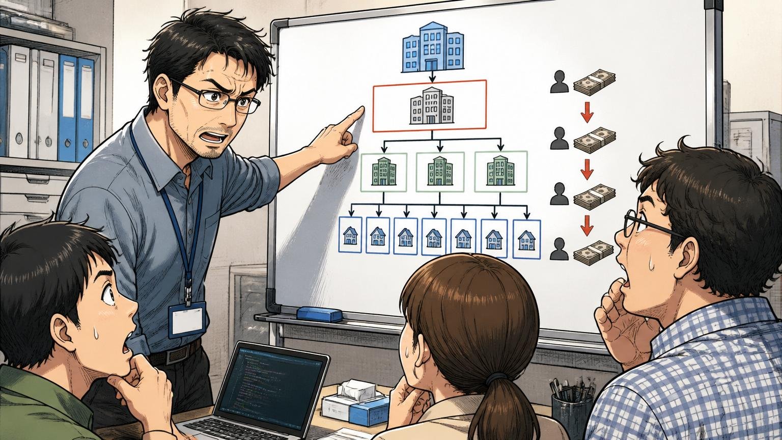 「給料が低すぎる」と感じるのは構造の問題|SIerの開発現場で多重下請けの構造図を指差して説明する40代男性メンター、真剣な指導者の表情