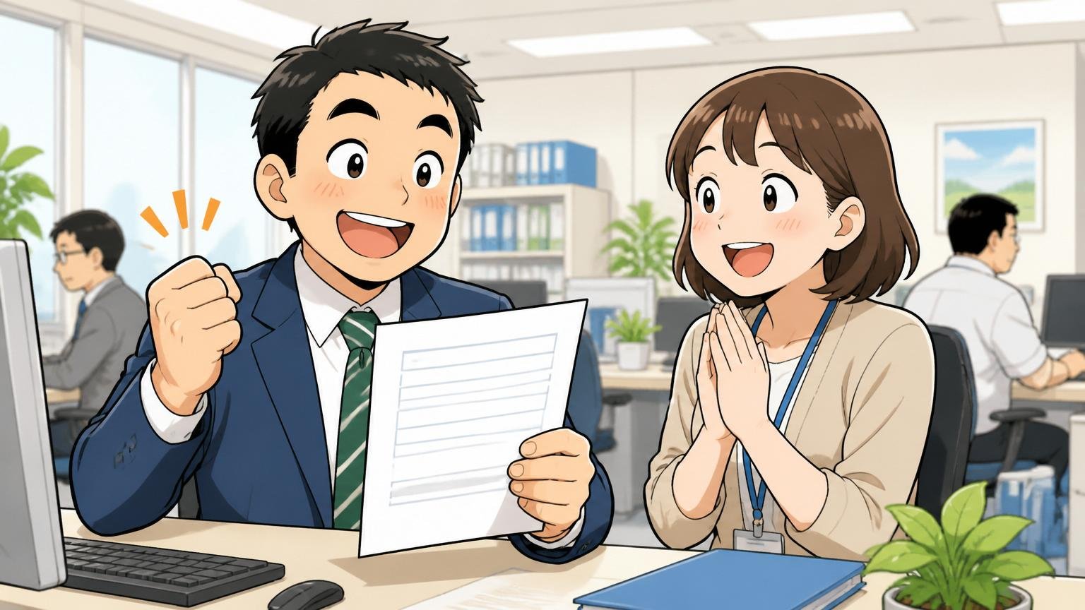 休日数の満足度3.9点、有給取得しやすい職場で休暇申請する社員、企業の執務室、社員2人、安心した表情
