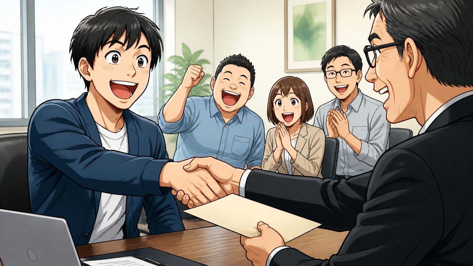 企業の会議室で面接、30代男性エンジニアが面接官と握手しながら笑顔で内定通知を受け取る場面