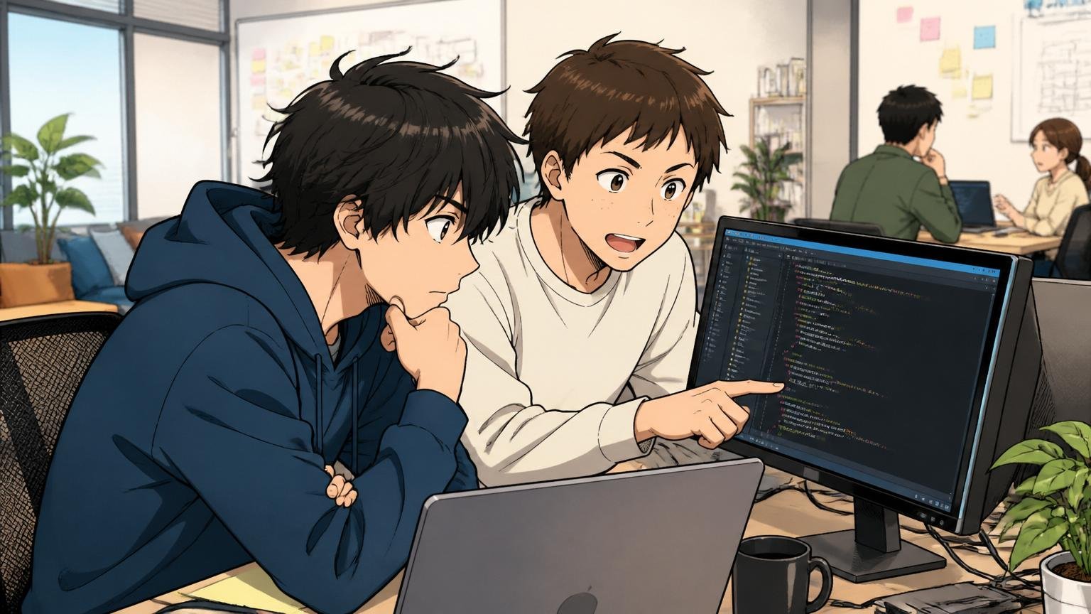 20代エンジニアが裁量を持って働くシーン、Web系スタートアップのオフィスで若手2人がコードレビューを行う集中した表情