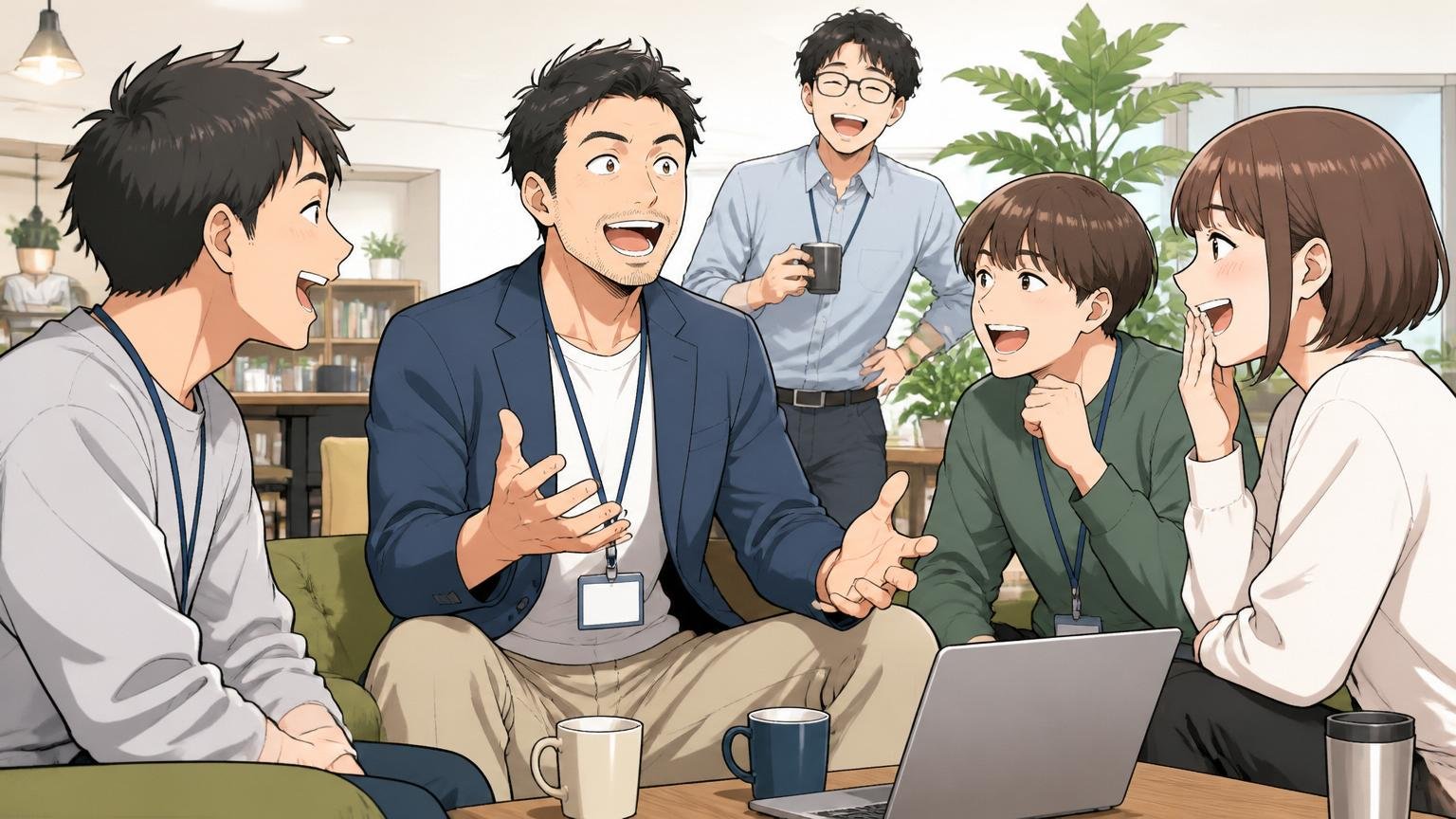 企業のオープンスペースで30代の中堅社員と20代の若手数名が和やかに談笑する場面、フランクで風通しの良い雰囲気。