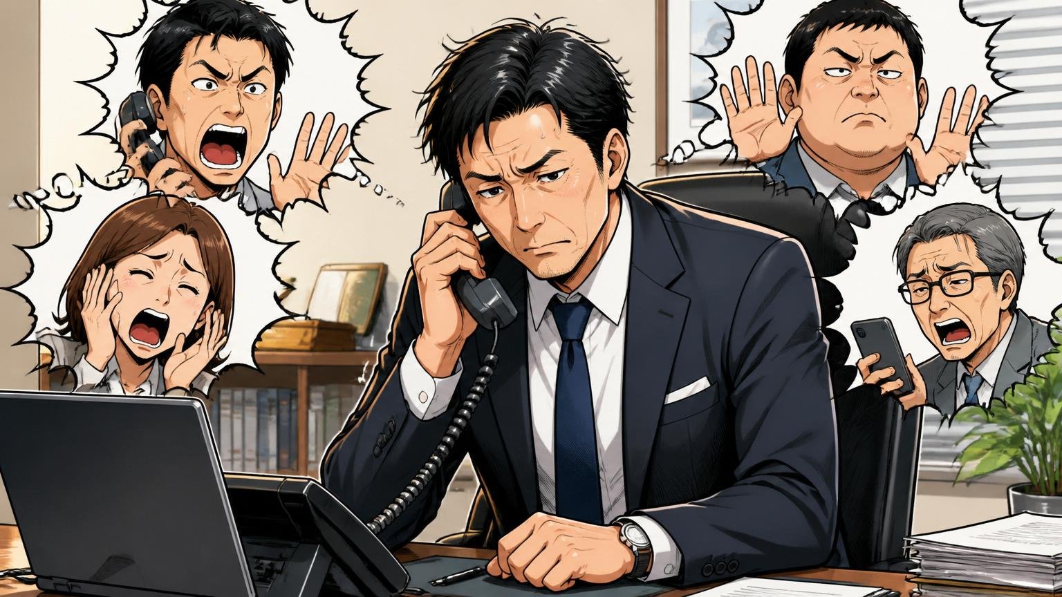 営業電話の評判とMA事業・企業の社長室で40代男性1人が電話を受けながら眉をひそめている