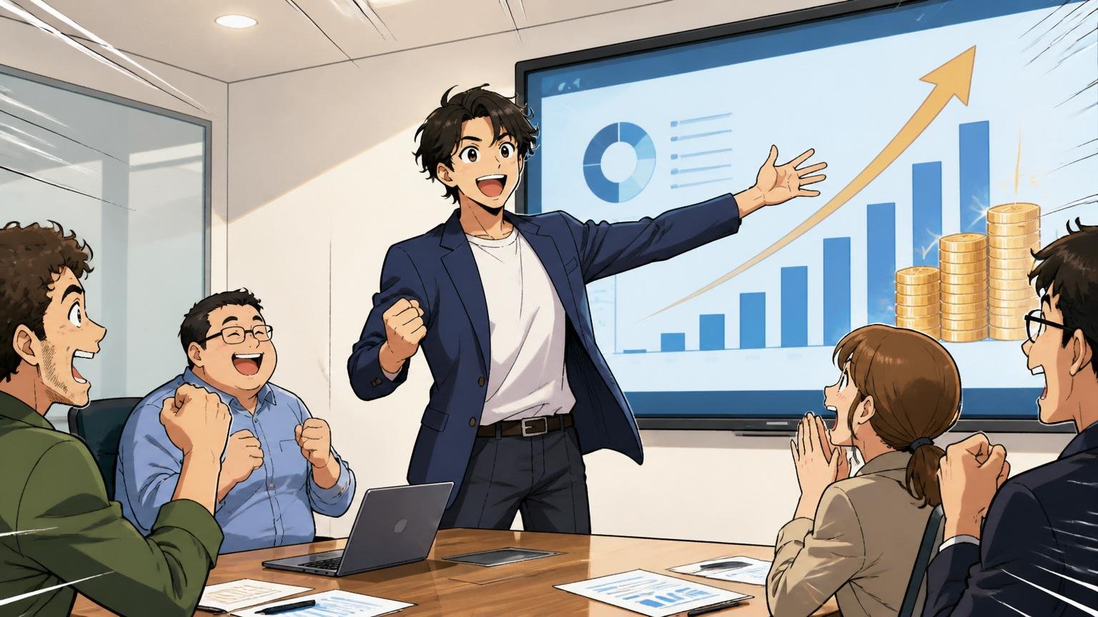 資金面の体力。スタートアップの会議室で1人の経営者が大型モニターの資金調達発表スライドを前に堂々と発表