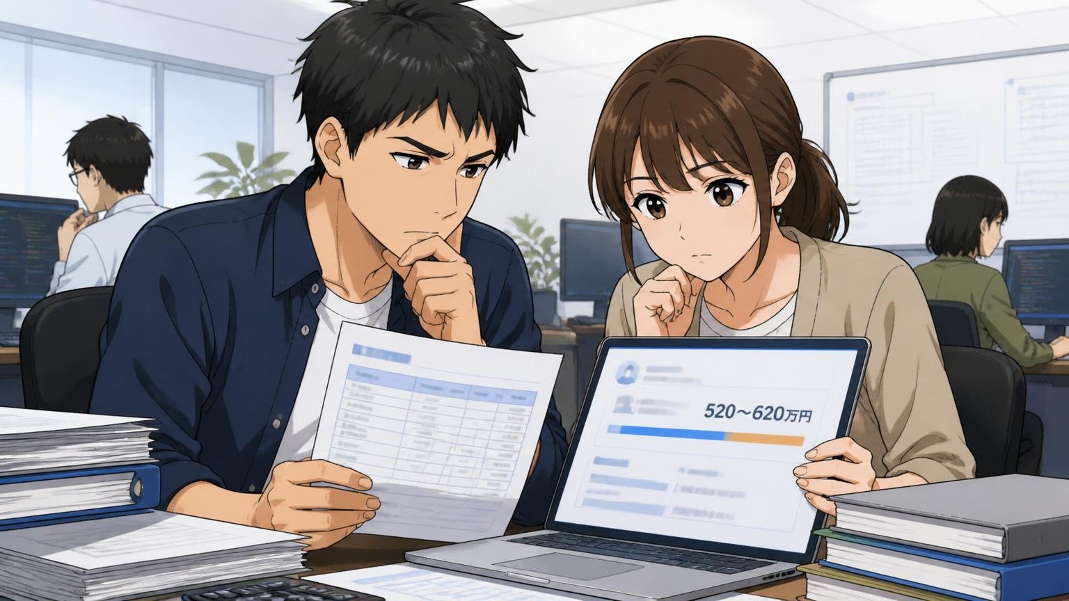 独立系SIerのオフィスで30代の男女エンジニアが給与明細と転職サイトの年収査定を見比べて冷静に検討している