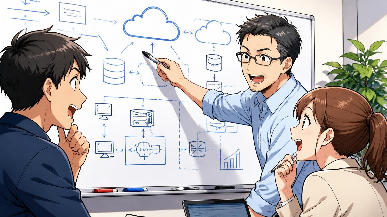 SESの将来性を考える、クラウド案件の現場でホワイトボードに事業構造を描く40代男性と若手2人