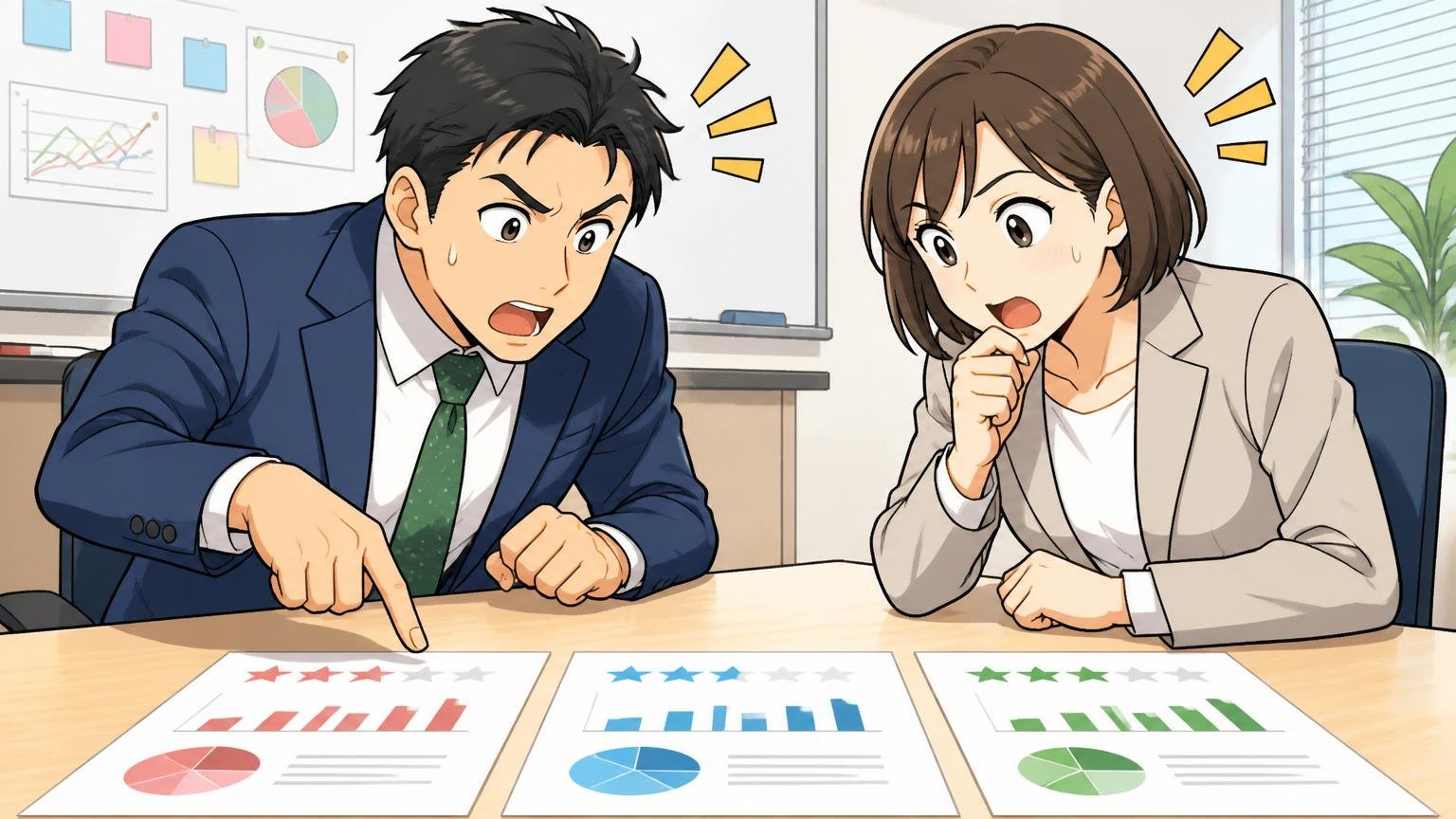 複数の口コミサイトの評価を比較する場面|企業の会議室で3枚のグラフ資料を並べて見る男女2人