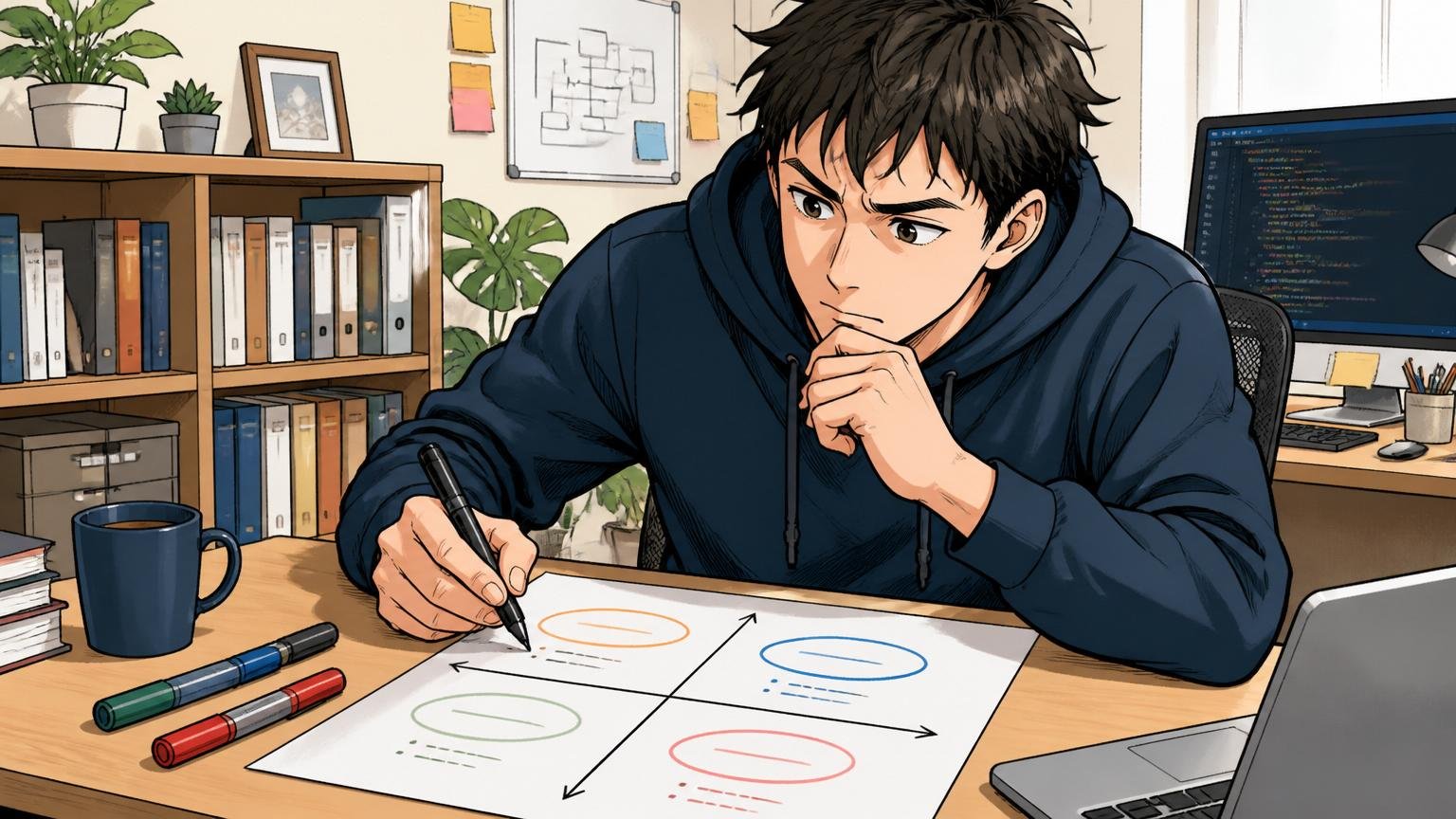 自宅のデスクで4象限の自己分析チャートを紙に書いて自分の志向を整理する30代男性エンジニア1人