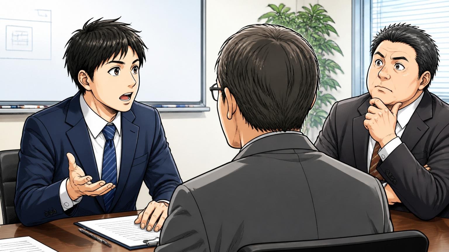 面接で逆質問して現場の条件を確認する転職希望者。企業の会議室で面接を受ける真剣な様子