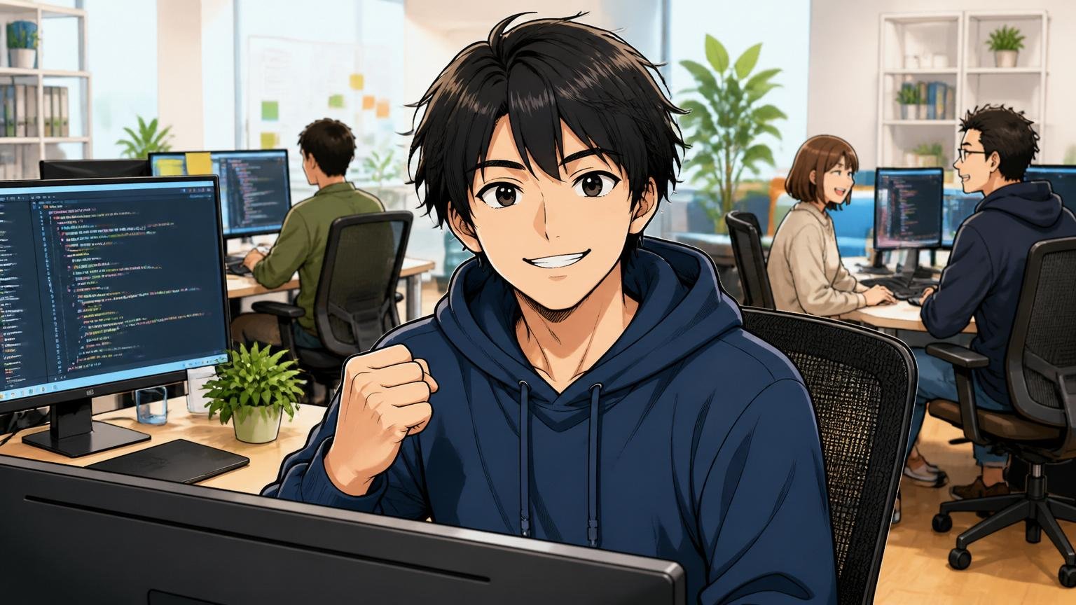 OpenWork総合スコア3.80上位2%｜Web系IT企業のオフィスで満足げに微笑む若手男性エンジニア1名