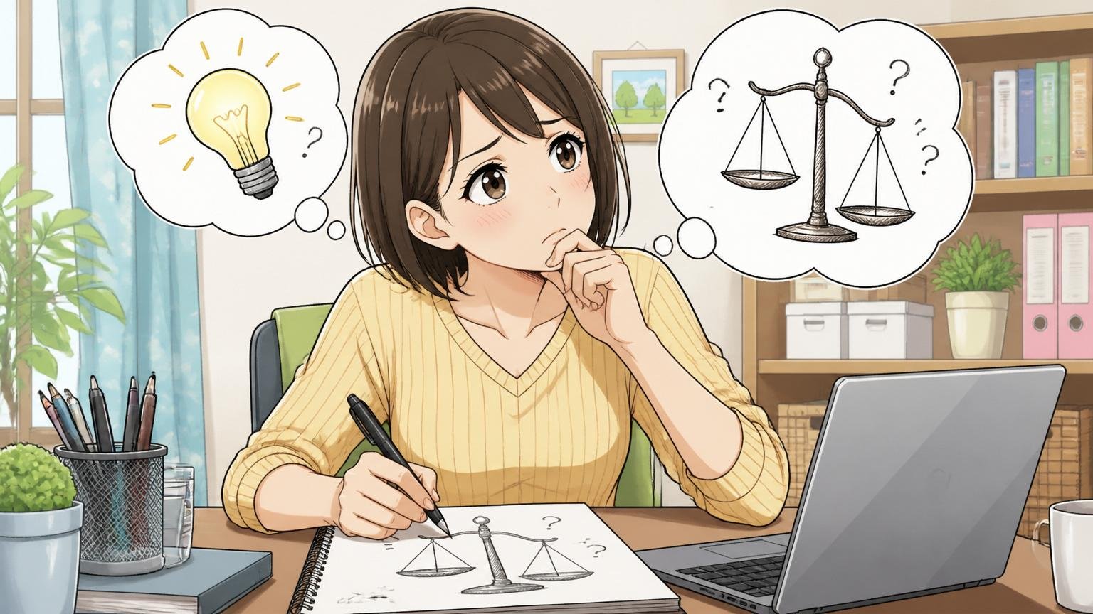 自宅のデスクで在宅勤務スタイルのノートPCの前で天秤の絵をメモしながら考える20代女性求職者