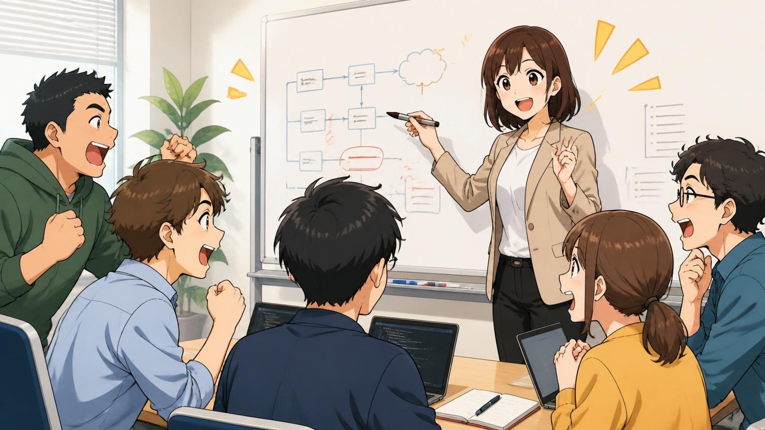 教育投資の手厚さ/企業の研修ルームで講師の30代女性が新人エンジニア5人にホワイトボードで指導
