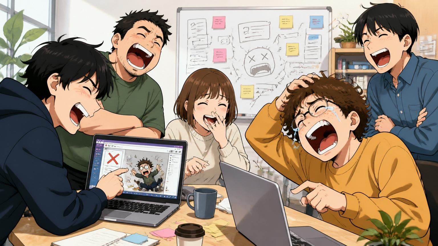 失敗事例を共有して笑い合う、Web系スタートアップのオフィスでチーム5人