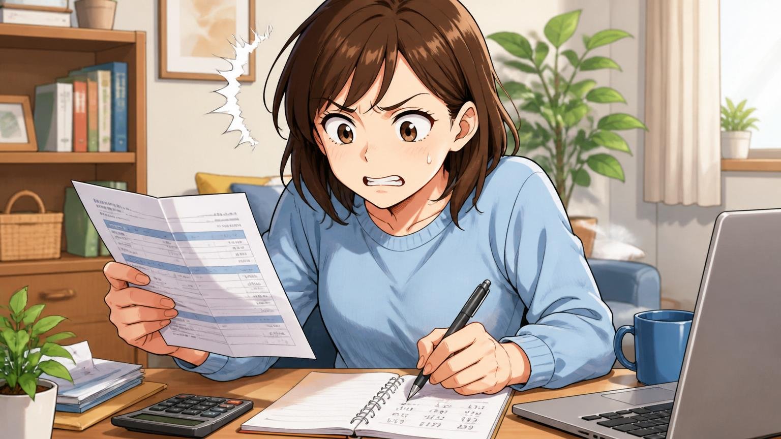 給与明細を眺めて納得できない様子 自宅のデスクで在宅勤務中 30代女性1人がノートに数字を書き出す