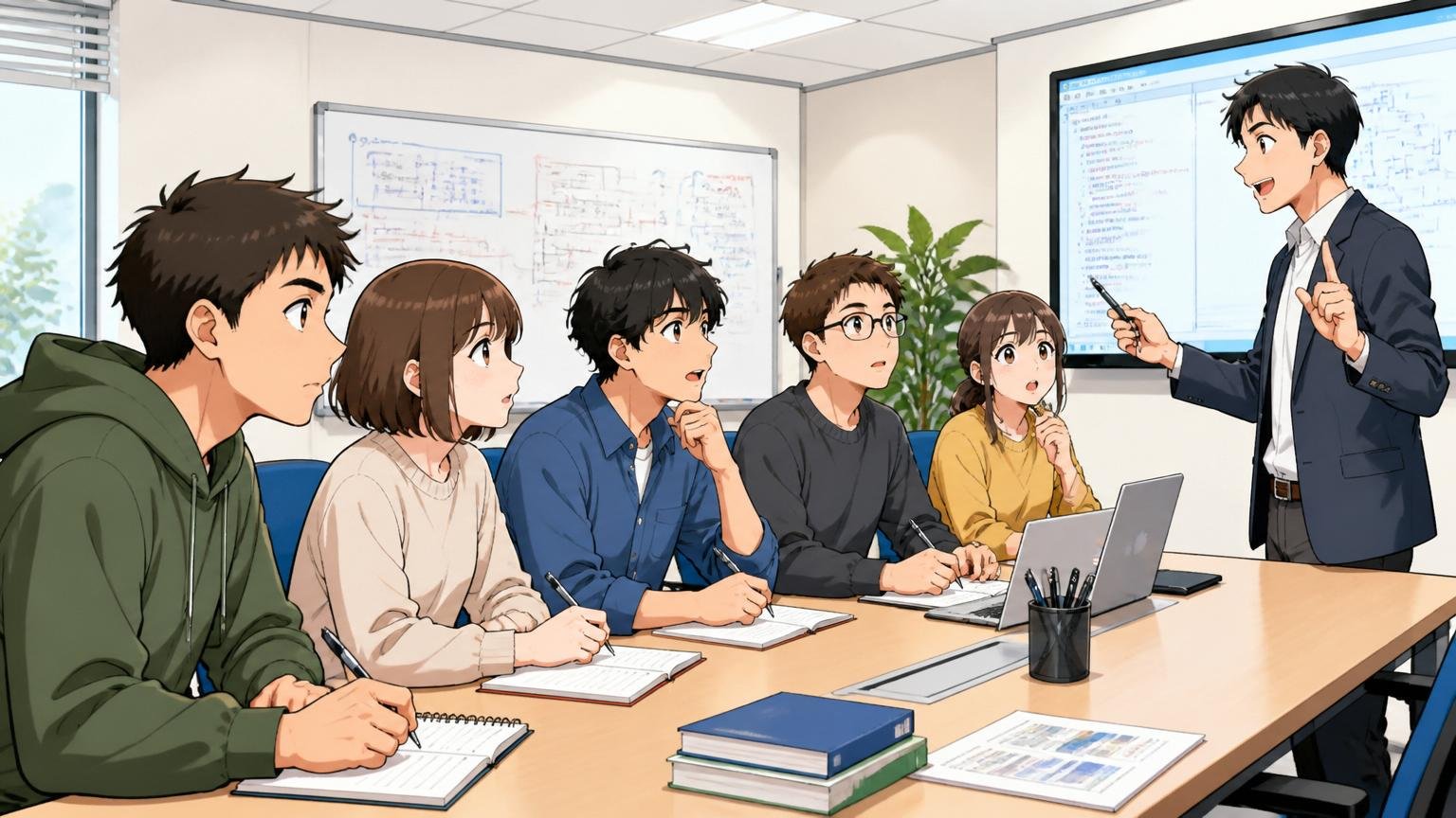 研修制度・教育投資はSI業界の中では充実 企業の研修ルームで5人の若手エンジニアが集中して講義を受ける