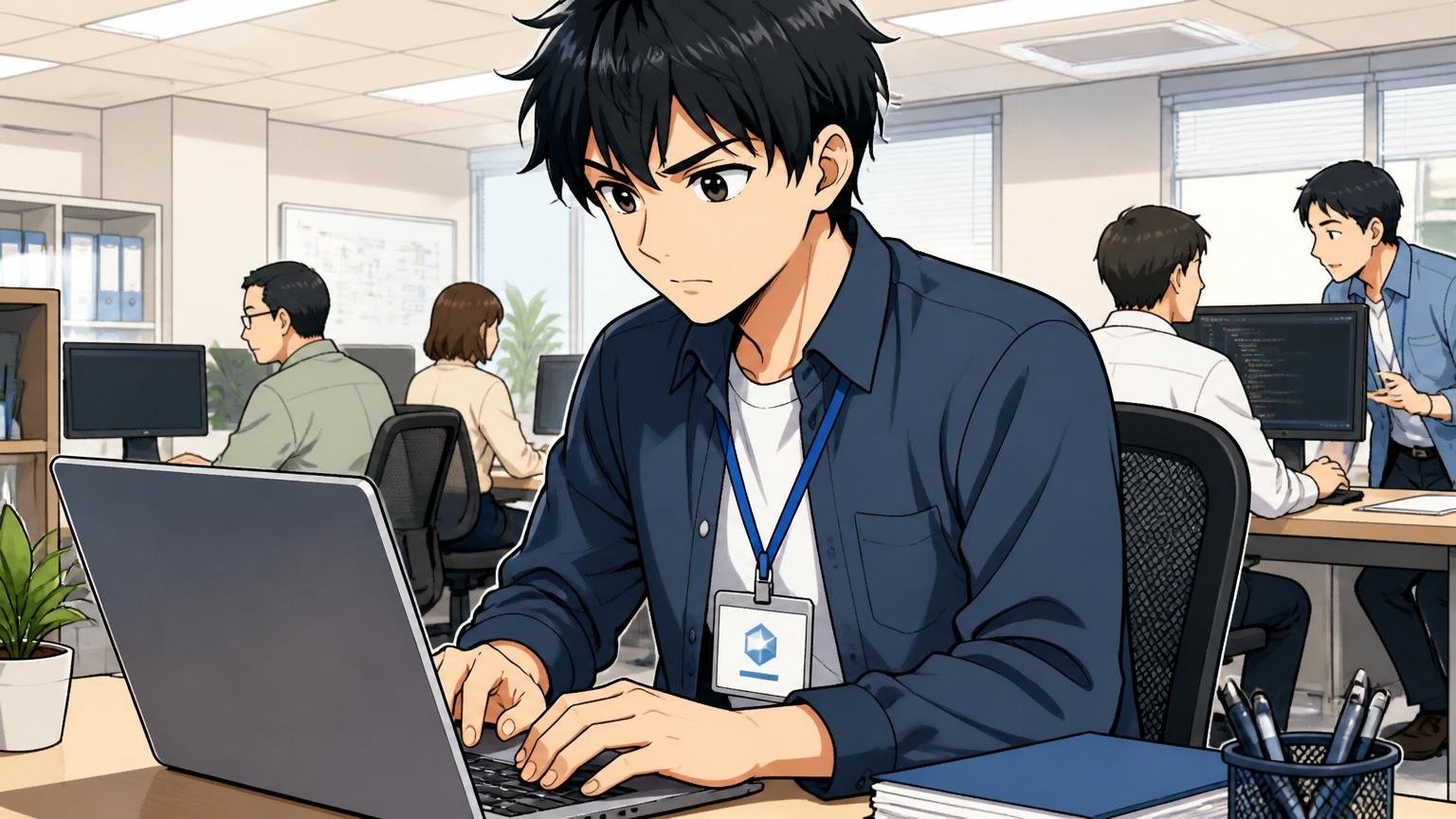 客先のオフィスで黙々と作業する常駐エンジニアと所属会社のロゴが入った社員証が映る現場